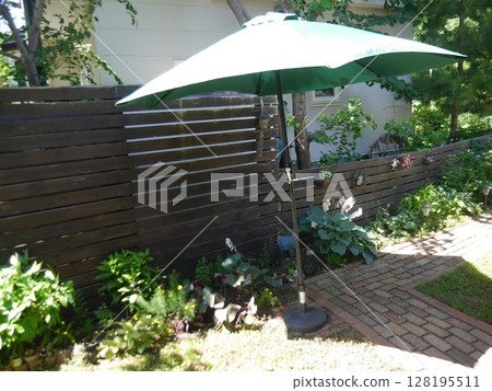 Sunshade parasol installed in the garden Sunshade parasol installed in the garden 128195511