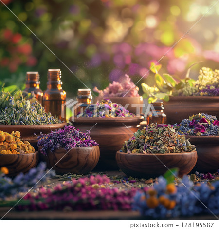 Assortment Of Colorful Spices And Dried Herbs In Wooden Bowls On Dark Stone Background: Aromatic Culinary Ingredients With Basil Leaves Cinnamon Sticks And Peppercorns Arranged For Cooking And Kitchen 128195587