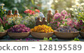 Assortment Of Colorful Spices And Dried Herbs In Wooden Bowls On Dark Stone Background: Aromatic Culinary Ingredients With Basil Leaves Cinnamon Sticks And Peppercorns Arranged For Cooking And Kitchen 128195589