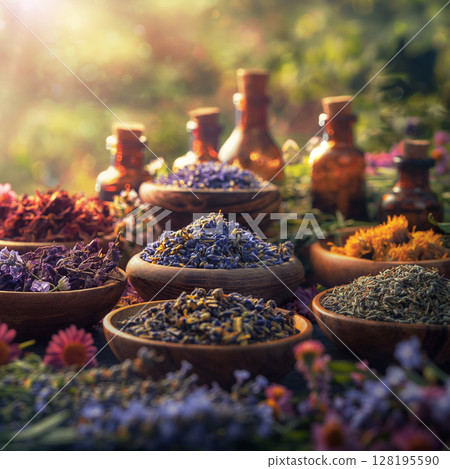 Assortment Of Colorful Spices And Dried Herbs In Wooden Bowls On Dark Stone Background: Aromatic Culinary Ingredients With Basil Leaves Cinnamon Sticks And Peppercorns Arranged For Cooking And Kitchen Assortment Of Colorful Spices And Dried Herbs In Wooden Bowls On Dark Stone Background: Aromatic Culinary Ingredients With Basil Leaves Cinnamon Sticks And Peppercorns Arranged For Cooking And Kitchen 128195590