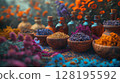 Assortment Of Colorful Spices And Dried Herbs In Wooden Bowls On Dark Stone Background: Aromatic Culinary Ingredients With Basil Leaves Cinnamon Sticks And Peppercorns Arranged For Cooking And Kitchen 128195592