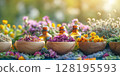 Assortment Of Colorful Spices And Dried Herbs In Wooden Bowls On Dark Stone Background: Aromatic Culinary Ingredients With Basil Leaves Cinnamon Sticks And Peppercorns Arranged For Cooking And Kitchen 128195593