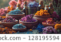 Assortment Of Colorful Spices And Dried Herbs In Wooden Bowls On Dark Stone Background: Aromatic Culinary Ingredients With Basil Leaves Cinnamon Sticks And Peppercorns Arranged For Cooking And Kitchen 128195594