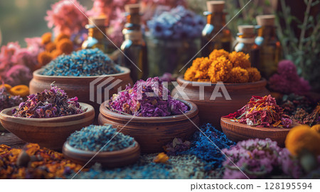 Assortment Of Colorful Spices And Dried Herbs In Wooden Bowls On Dark Stone Background: Aromatic Culinary Ingredients With Basil Leaves Cinnamon Sticks And Peppercorns Arranged For Cooking And Kitchen Assortment Of Colorful Spices And Dried Herbs In Wooden Bowls On Dark Stone Background: Aromatic Culinary Ingredients With Basil Leaves Cinnamon Sticks And Peppercorns Arranged For Cooking And Kitchen 128195594