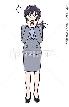 An office lady in a suit standing with a surprised expression 128195678
