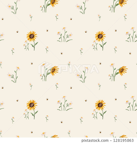 Seamless watercolor pattern with daisies, sunflowers, and bees. Hand-drawn floral and insect illustrations, perfect for children's textiles, nursery decor, and playful designs. Bright and cheerful. 128195863