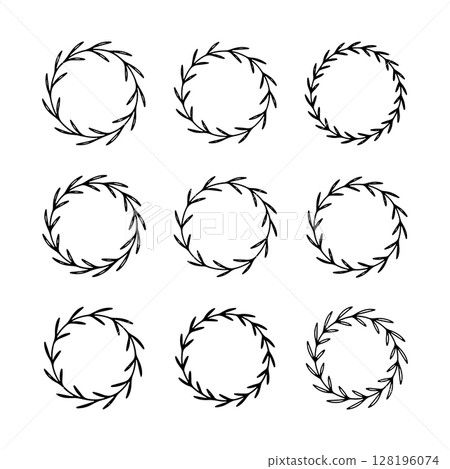 Floral Circle Frame. Symmetrical floral wreath with clean botanical lines, perfect for minimal logos, wedding stationery, and modern design. 128196074