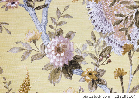 Vintage floral fabric with lace motif on yellow background, romantic botanical textile pattern 128196104