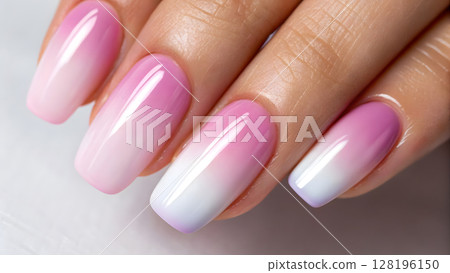 Ombre nail design featuring a gradient of pink and white shades on well-groomed hands Ombre nail design featuring a gradient of pink and white shades on well-groomed hands 128196150