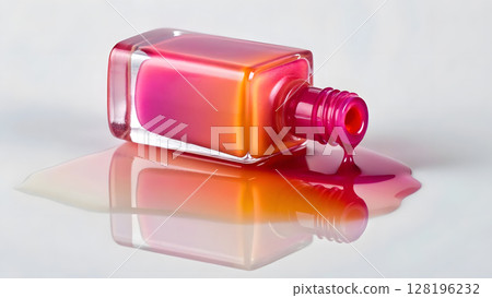 Vibrant ombre nail polish bottle spilling on sleek surface in bright lighting Vibrant ombre nail polish bottle spilling on sleek surface in bright lighting 128196232