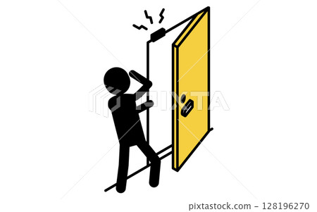 Suspicious person surprised by front door alarm, crime prevention and home security isometric icon 128196270