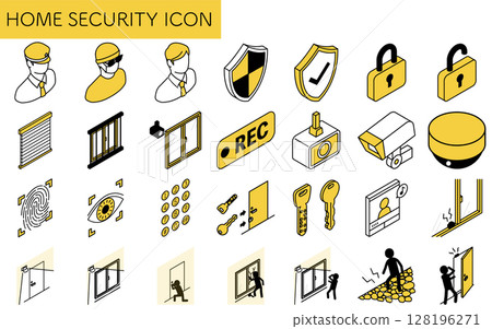 Isometric illustration of crime prevention and home security icons 128196271