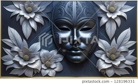 Decorative image of a mask. An intricate mask with ornate patterns and blue hues stands against a textured decorative background. 128196331