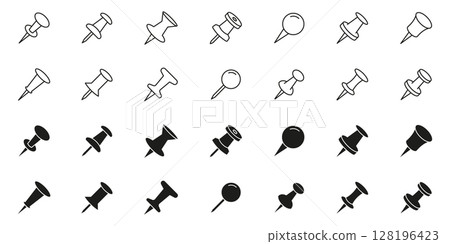 Push Pin Line And Solid Icon Set. Office And Organization Tool Outline And Silhouette Symbol Collection. Stationery And Bulletin Board Accessory. Isolated Vector Illustration 128196423