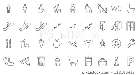 Public Facility And Amenities Icon Set. Universal Symbols For Accessibility, Navigation and Services In Public Spaces. Includes Restrooms, Elevators, Food and Security. Isolated Vector Illustration Public Facility And Amenities Icon Set. Universal Symbols For Accessibility, Navigation and Services In Public Spaces. Includes Restrooms, Elevators, Food and Security. Isolated Vector Illustration 128196432