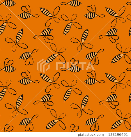 Seamless pattern with bees. Small wasp. Vector illustration. Design for invitation, cards, textile, fabric. Doodle style 128196491