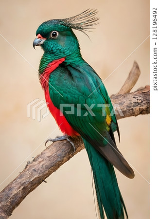 Vibrant Exotic Bird quetzal, emerald green and red feathers - Studio Portrait 128196492