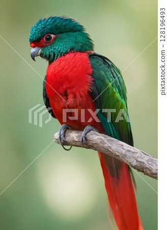 Vibrant Exotic Bird quetzal, emerald green and red feathers - Studio Portrait 128196493