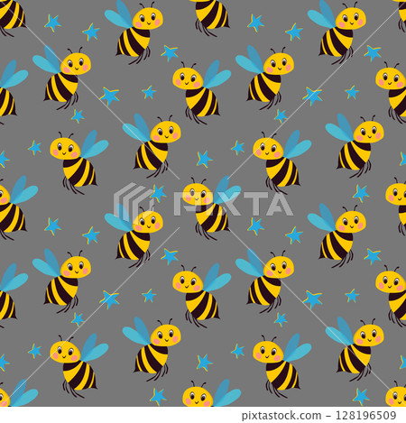 Seamless pattern with bees. Small wasp. Vector illustration. Design for invitation, cards, textile, fabric. Doodle style 128196509
