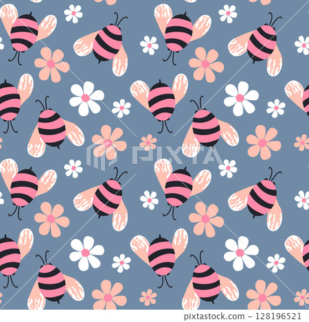 Seamless pattern with bees. Small wasp. Vector illustration. Design for invitation, cards, textile, fabric. Doodle style 128196521