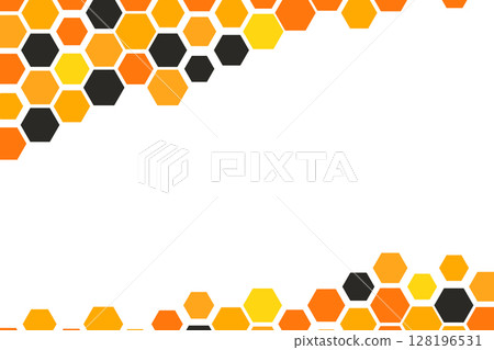 Hexagon pattern with honeycomb, cartoon bees. Vector illustration, geometric texture. Design template for invitation, card. Doodle style. Background with copy space 128196531
