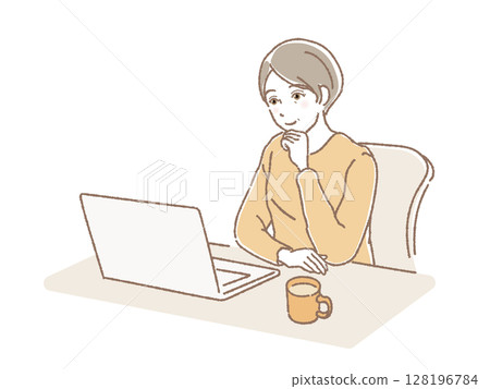 Middle-aged woman smiling while looking at a computer Middle-aged woman smiling while looking at a computer 128196784