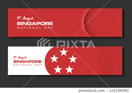Singapore independence day red white horizontal graphic web banner set. National day of 9th August Singapore banner with flag logo inspired design. Vector holiday template social network banner set 128196992