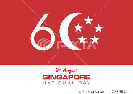 Singapore independence day 60 anniversary red white graphic banner. National day of 9th August Singapore background with 60 logo. Vector holiday template poster, greeting banner, invitation, flyer 128196993