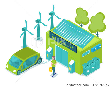 Ecological Life concept: Renewable energy - green energy and Organic food on transparent background, 3d isometric vector illustration 128197147