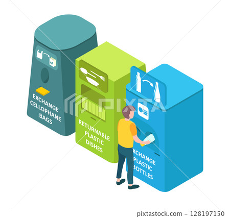Environmental protection concept: Waste sorting process, on transparent background, 3d isometric vector illustration 128197150