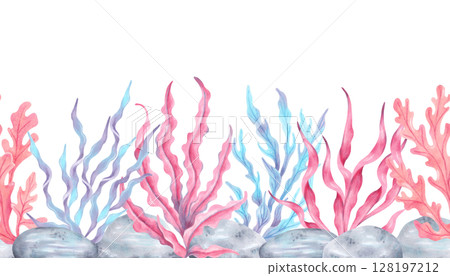 Seamless border composition with colorful seaweed and stones. Watercolor botanical illustration. Hand drawn isolated art. Natural form of marine flora. Travel banner, kids design, underwater theme. Seamless border composition with colorful seaweed and stones. Watercolor botanical illustration. Hand drawn isolated art. Natural form of marine flora. Travel banner, kids design, underwater theme. 128197212