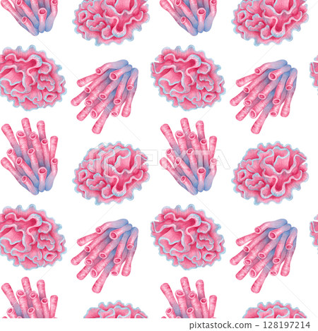 Seamless watercolor sea pattern with coral reef elements. Underwater animals of stylized tube and wave corals. Hand drawn isolated illustration. Image for natural designs, fabric, textile, packaging. Seamless watercolor sea pattern with coral reef elements. Underwater animals of stylized tube and wave corals. Hand drawn isolated illustration. Image for natural designs, fabric, textile, packaging. 128197214