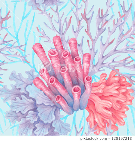 Marine seamless pattern with tubular, branched, lacy corals. Watercolor illustrations. Plant forms of underwater reef. Hand drawn isolated background for fabric, textile, packaging, nature themes. 128197218