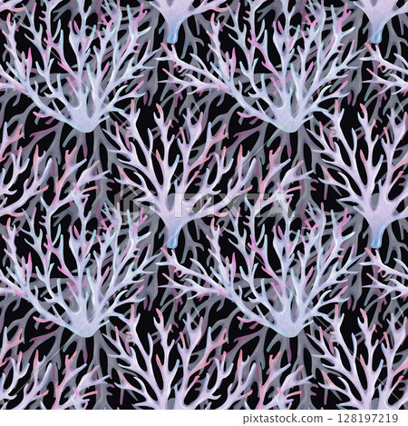 Seamless pattern of branched corals. Watercolor illustrations. Underwater animals of the seabed. Ocean reefs. Hand drawn isolated art. Fabric background, marine theme, textile, children's design. 128197219