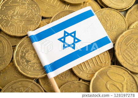 Israel flag on coins background for finance banking business. 128197278
