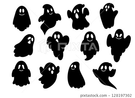 Set of cute black ghosts in doodle style 128197302