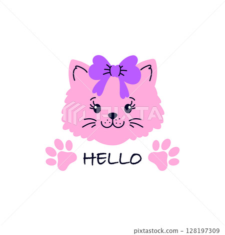 Cute pink cat wearing a purple bow 128197309