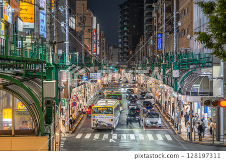 A lively night on Kita Road 1010, the main street of Kita-Senju, Tokyo 128197311