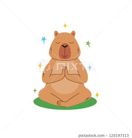 Capybara in a meditative pose with its eyes closed and surrounded by colorful stars 128197313