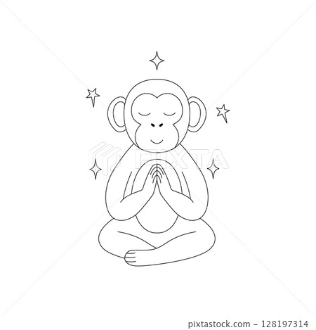 Monkey in a meditative pose with its eyes closed and surrounded by stars Monkey in a meditative pose with its eyes closed and surrounded by stars 128197314