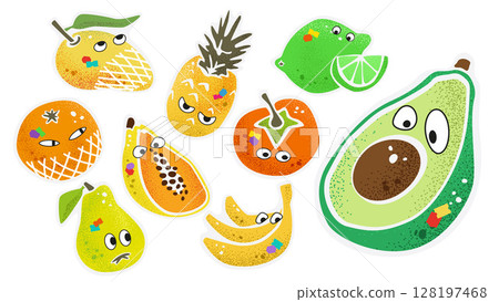 Juicy Fruits Characters Sticker Design Set Isolated On Transparent Background 128197468