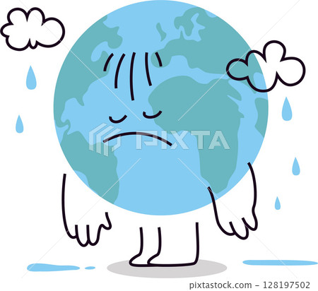 Sad and Droopy Earth Mascot Character Under Rain Vector Illustration on Transparent Background 128197502