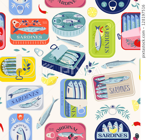 Tin Can Sardines Seamless Pattern 128197516