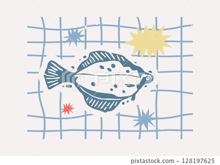 Flounder Silhouette Coastal Vintage Horizontal Poster Template 128197625