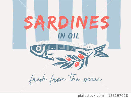 Horizontal Coastal Poster A3 with Sardine and Olive Branch Silhouettes 128197628
