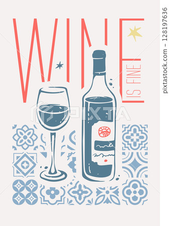 Mediterranean Poster A3 with Blue Mosaic Tiles and Wine Bottle 128197636