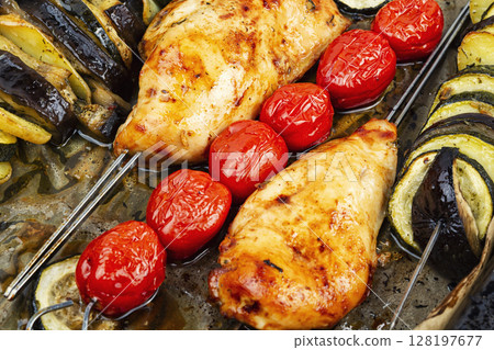 Grill skewers with grilled chicken. 128197677