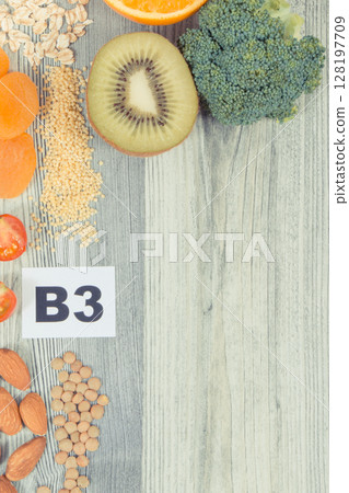 Healthy ingredients containing vitamin B3 and minerals. Place for inscription 128197709