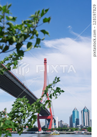 藍天下的上海楊浦大橋 128197829