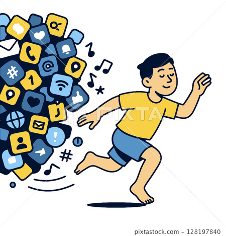 Young man running away from social media icons, embracing freedom and joy 128197840